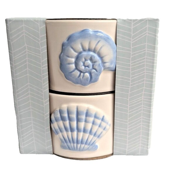 Bakeshop Ramekin Bowls 2pc Seashell Nautilus Blue White Ceramic Kitchen Gift NEW - Picture 1 of 6